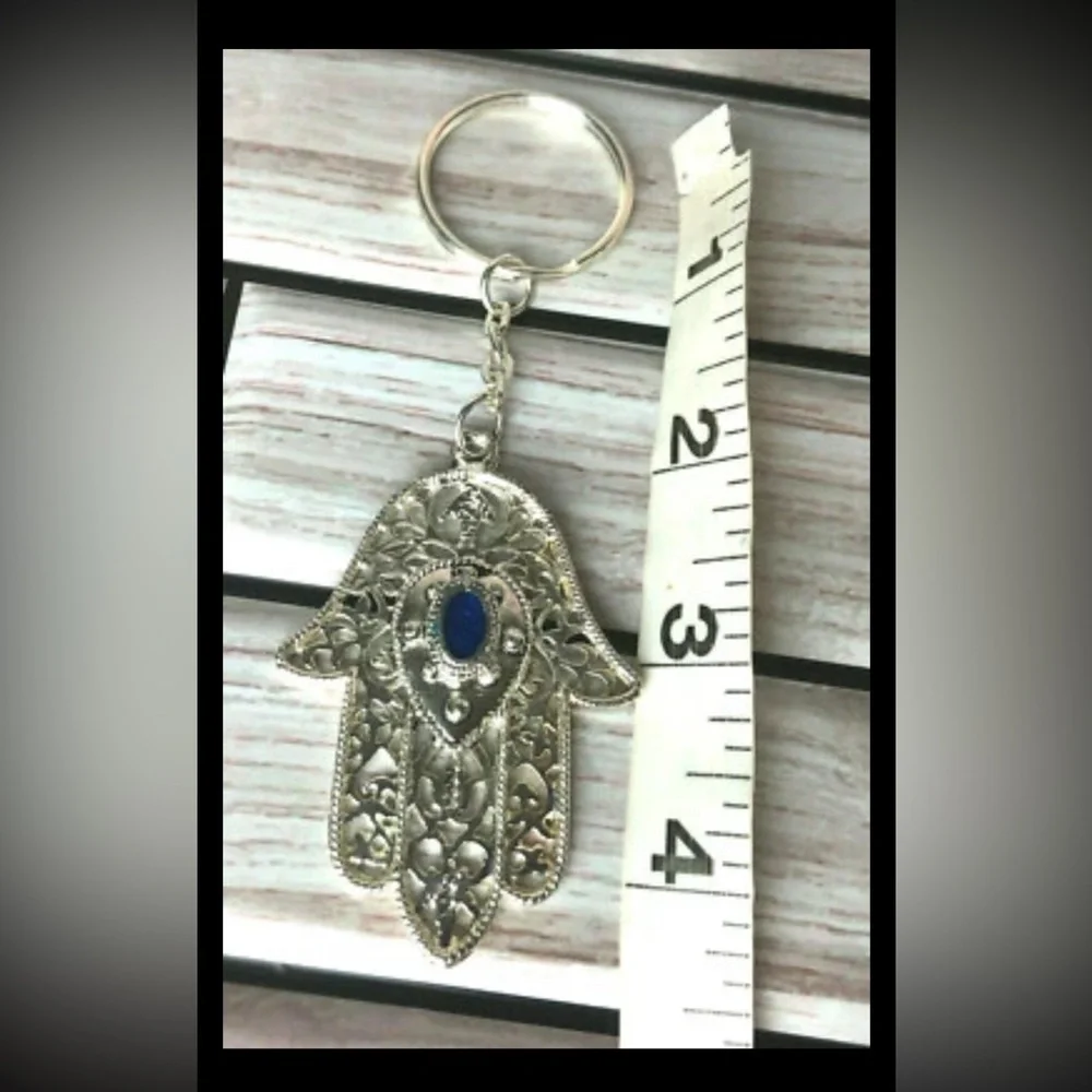 Hamsa Keychain Metal Hand Silver Tone Travel Souvenir Blue Accent New